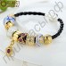 Романтический браслет для женщин из черного кожаного шнура и бусин золотистого и серебристого цветов в посеребрении