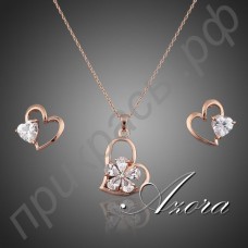 Ювелирный комплект из ожерелья и сережек с австрийскими кристаллами Stellux в виде сердца в настоящей позолоте