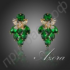 Яркие сережки зеленого цвета с замечательными бабочками с швейцарскими фианитами в позолоте