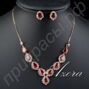 Шикарный ювелирный комплект ожерелье и серьги с красными фианитами