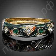 Интересный браслет в виде картины маслом темно-зеленого цвета с круглыми и прямоугольными камнями с австрийским кристаллом Stellux в позолоте
