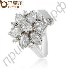 Шикарное обручальное кольцо в платиновом покрытии в виде кристального цветка с белыми фианитами