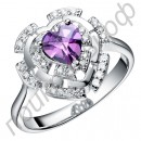 Кольцо в платиновом покрытии в форме сердца с фиолетовым камнем