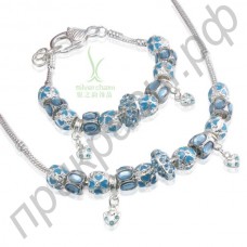 Европейский ювелирный комплект из браслета и ожерелья из бусин голубого цвета в серебряном покрытии