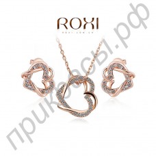 Элегантный ювелирныый комплект из сережек и ожерелья в форме двойного сердца в настоящей позолоте