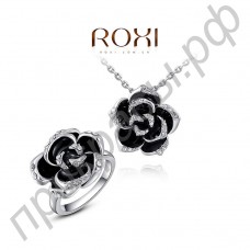 Восхитительный ювелирный комплект из ожерелья и кольца в форме черной розы в платиновом покрытии