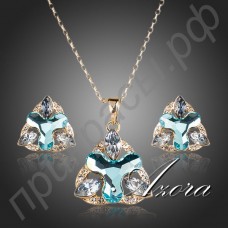 Прекрасный ювелирный комплект в виде сережек и кулона с синим австрийским кристаллом Stellux в настоящей позолоте