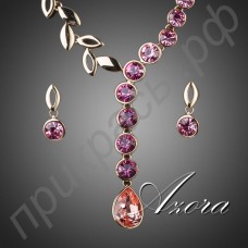 Ювелирный комплект из восхитительного ожерелья на позолоченной цепочке в виде листьев и очаровательных сережек с розовыми австрийскими кристаллами Stellux