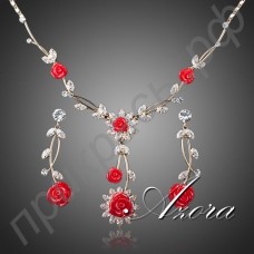 Ювелирный комплект из колье и сережек в виде божественной красной розы на ветвях из непревзойденных 18-каратных кристаллов в настоящей позолоте