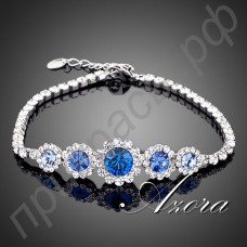 Замечательный браслет в виде 5-ти круглых синих цветков австрийских кристаллов Stellux в оригинальной белой позолоте
