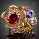 Кольцо в виде 2-х многоцветных цветков с австрийскими кристаллами Stellux в позолоте  