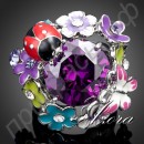 Кольцо в виде фиолетового камня с жуками, бабочками, цветами с австрийским кристаллом Stellux в платиновом покрытии