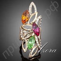 Кольцо в виде трех многоцветных камней в форме капли воды с австрийскими кристаллами Stellux в позолоте