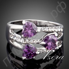 Прекрасное кольцо в виде 3-х фиолетовых сердец с австрийскими кристаллами Stellux в платиновом покрытии