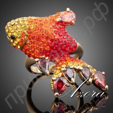 Интересное кольцо в виде красного карпа с многоцветными австрийскими кристаллами Stellux в настоящей позолоте  