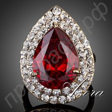 Прекрасное кольцо в виде большого камня красного цвета в форме капли воды с швейцарскими фианитами в настоящей позолоте  