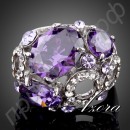 Кольцо в виде фиолетовых камней в форме капли воды с австрийскими кристаллами Stellux в платиновом покрытии  
