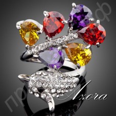 Интересное кольцо в форме дельфина с 6-ю многоцветными австрийскими кристаллами Stellux в платиновом покрытии