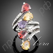 Прекрасное кольцо в виде 5-ти многоцветных австрийских кристаллов Stellux в форме капли воды в платиновом покрытии