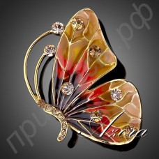 Замечательная брошь в виде порхающей многоцветной бабочки с австрийскими кристаллами Stellux в настоящей позолоте