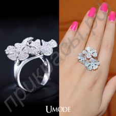 Благородное кольцо в виде трех прекрасных цветов с ясными швейцарскими фианитами в белой позолоте