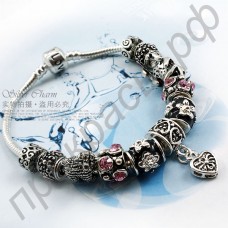 Привлекательный посеребренный браслет в европейском стиле с бусинами из муранского стекла и кулоном в форме сердца