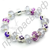 Браслет CrystalCharm с прозрачными белыми и фиолетовыми бусинами в серебряном исполнении
